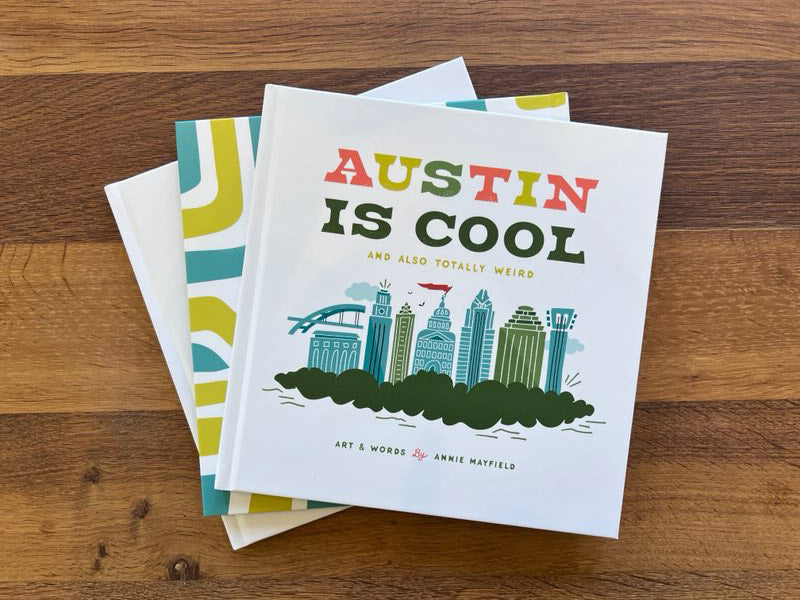 Austin childrens book, with bright, bold, hand-drawn scenes. All original illustrations by local artist, Annie Mayfield. Makes the perfect Austin gift or Ausitn souvenir. This Austin book makes a great coffee table book!