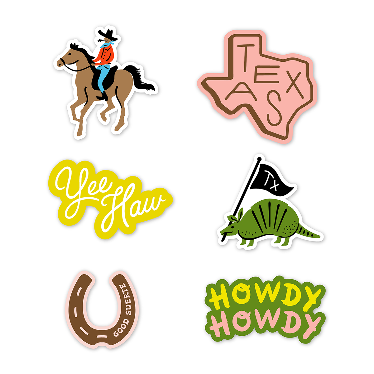 Yonder Goods Texasy Sticker Pack includes 6 stickers in various designs.  All hand-drawn or hand-lettered artwork. Perfect for water bottles, coolers, laptops, bumpers, and just about anything. Makes a great Texasy gift or souvenir!