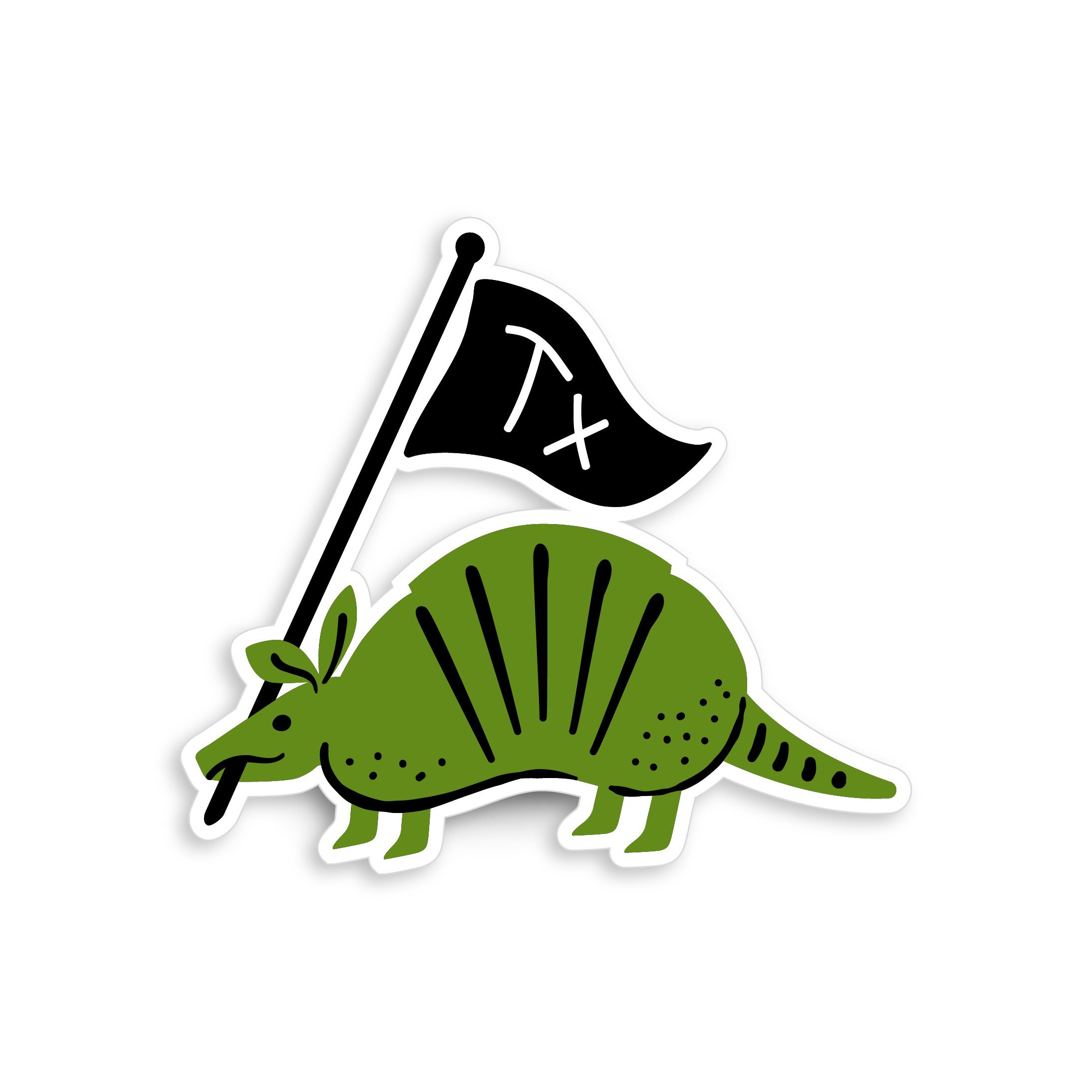 A green armadillo sticker with a flag that has the letter 'TX' on it, designed for use on water bottles, laptops, and other surfaces.