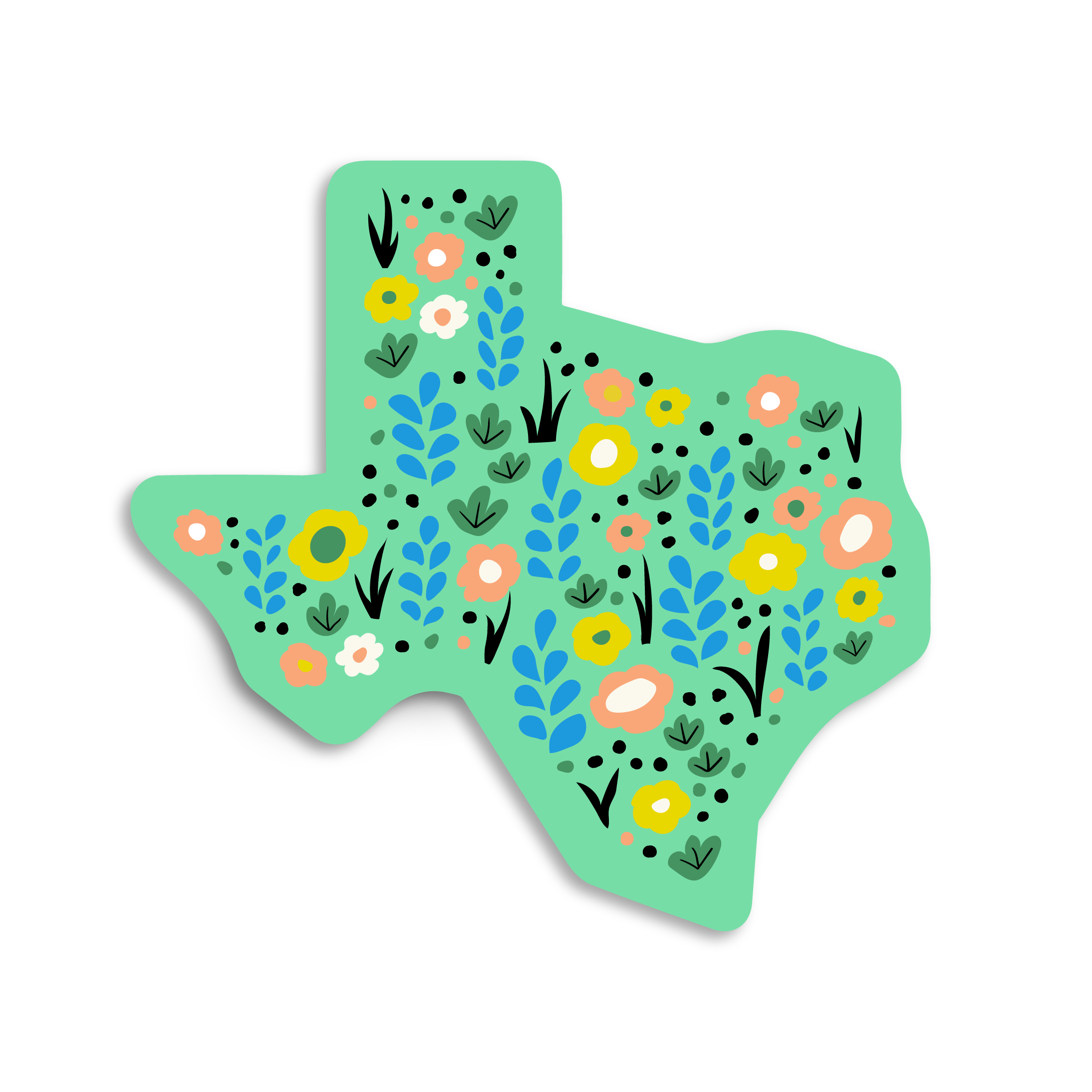 A sticker in the shape of Texas covered with wildflowers.