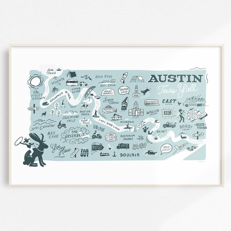 Map of Austin, Texas' iconic landmarks, on a light blue background.