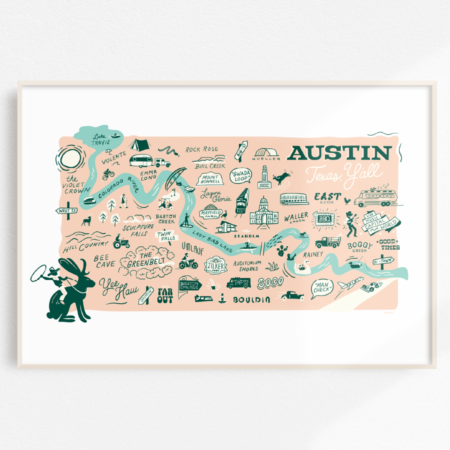 Map of Austin, Texas' iconic landmarks, on a peachy/pink background.