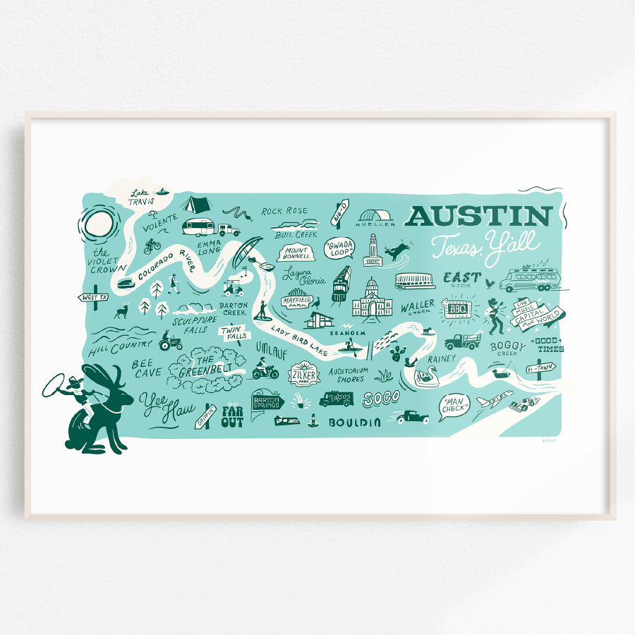 Map of Austin, Texas' iconic landmarks, on a teal background.