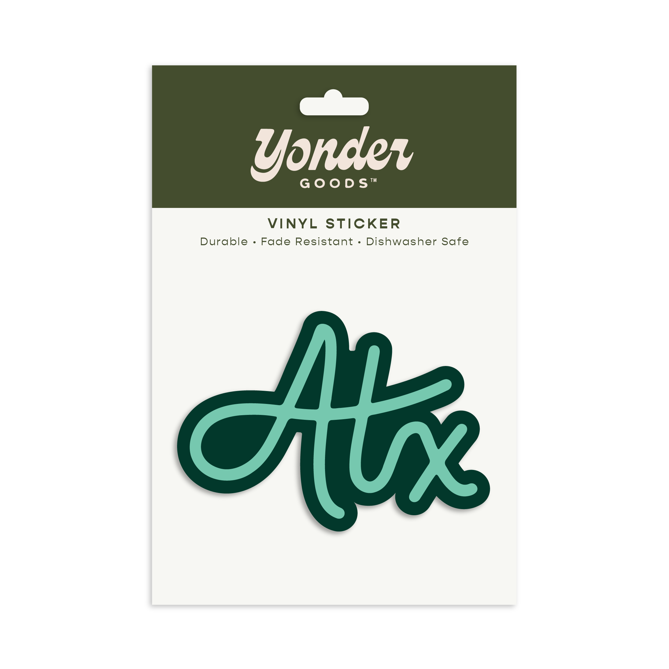 Yonder Goods vinyl sticker packaging with 'ATX' design on a white background