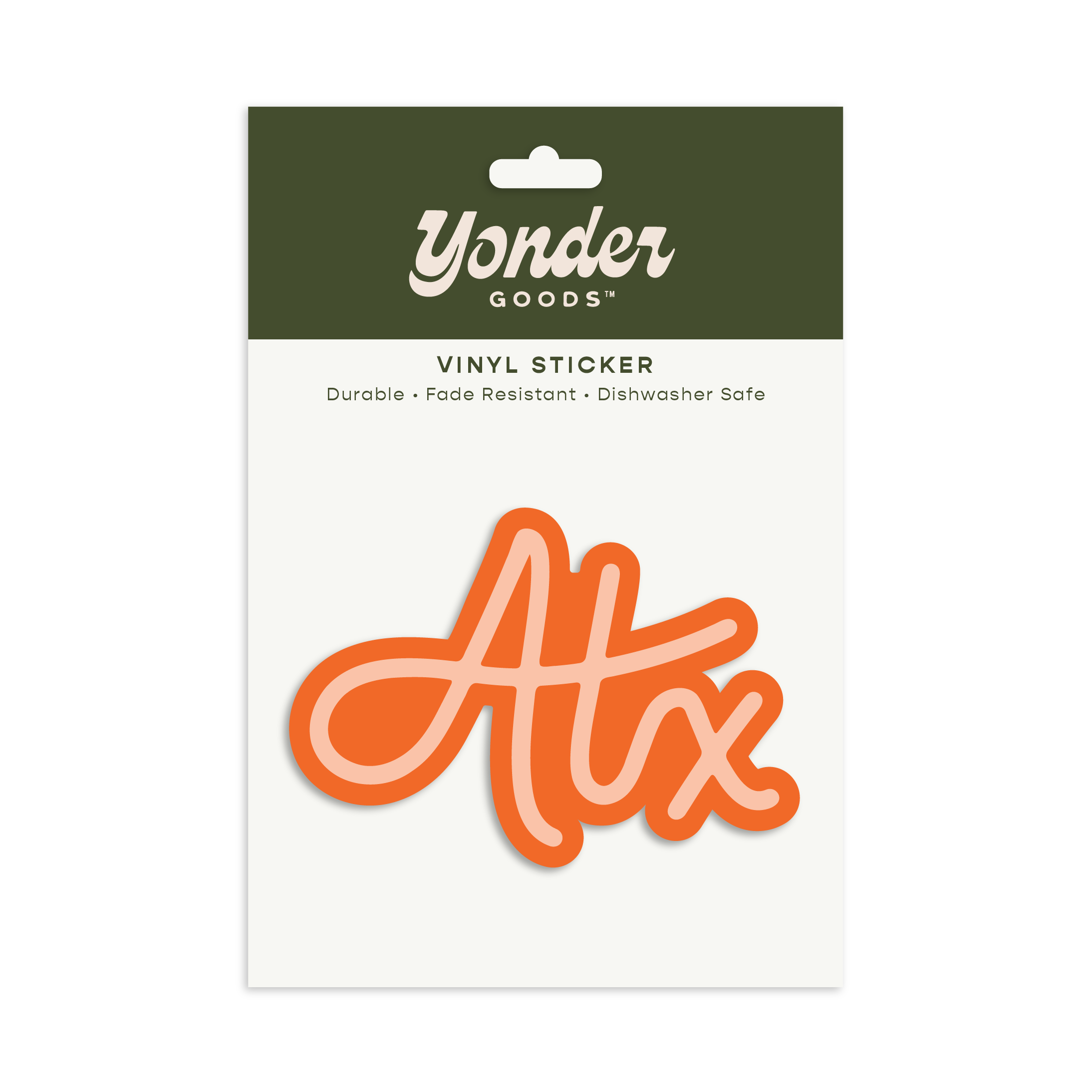 Yonder Goods vinyl sticker packaging with orange 'ATX' design on a white background.