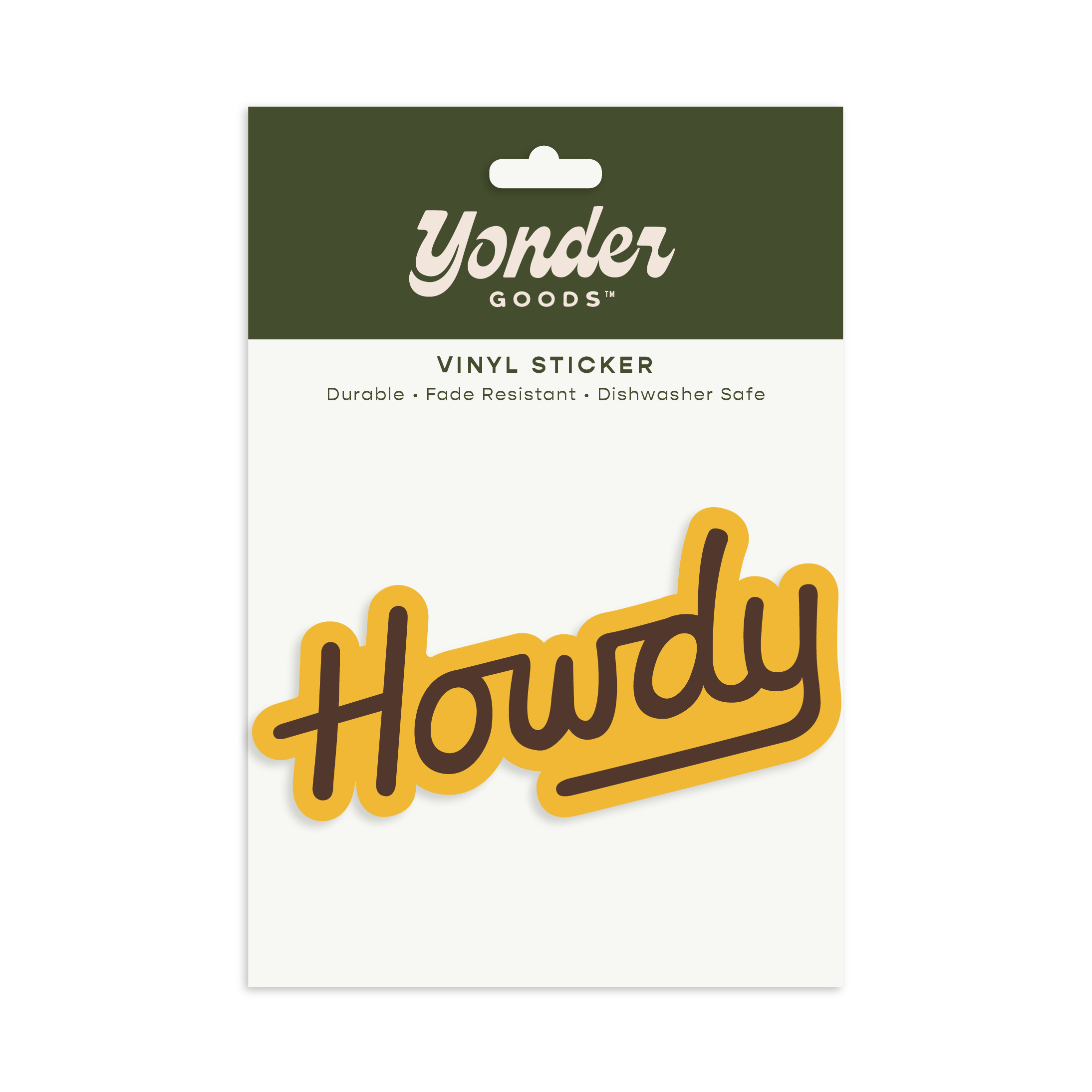 Yonder Goods vinyl sticker packaging with 'Howdy' design on a white background