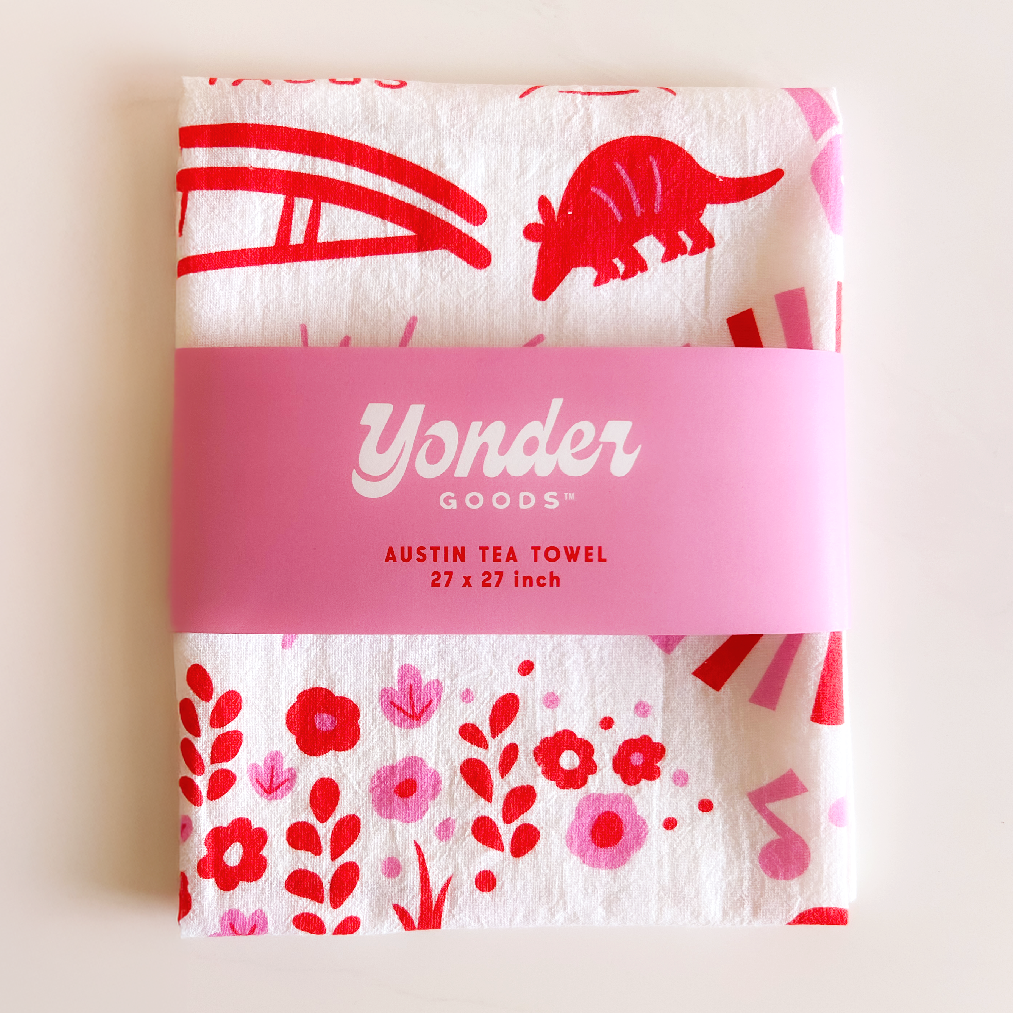 This Austin tea towel is covered in bright, bold, Austin icons. It's a white flour sack tea towel with red and pink art, all created by Austin Illustrator, Annie Mayfield. Makes a great, uniquely Austin gift or souvenir!