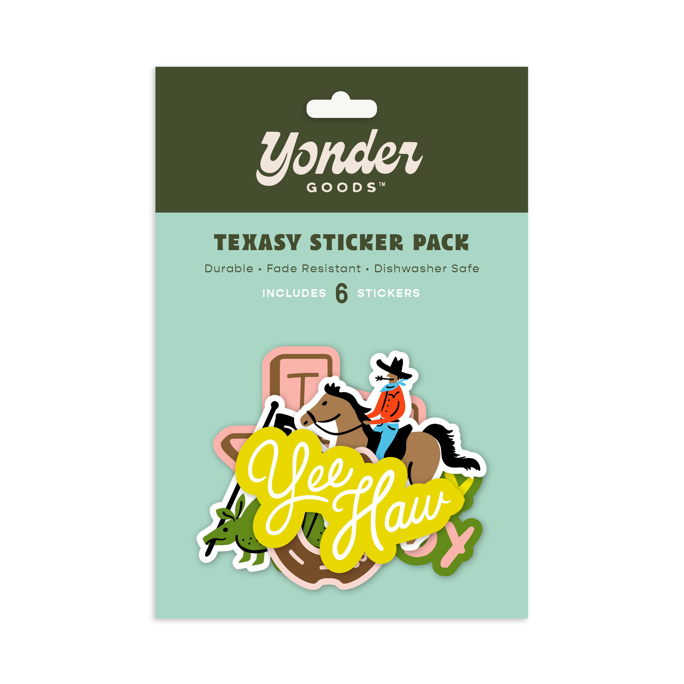 Yonder Goods Texasy Sticker Pack includes 6 stickers in various designs.  Perfect for water bottles, coolers, laptops, bumpers, and just about anything. Makes a great Texasy gift or souvenir!